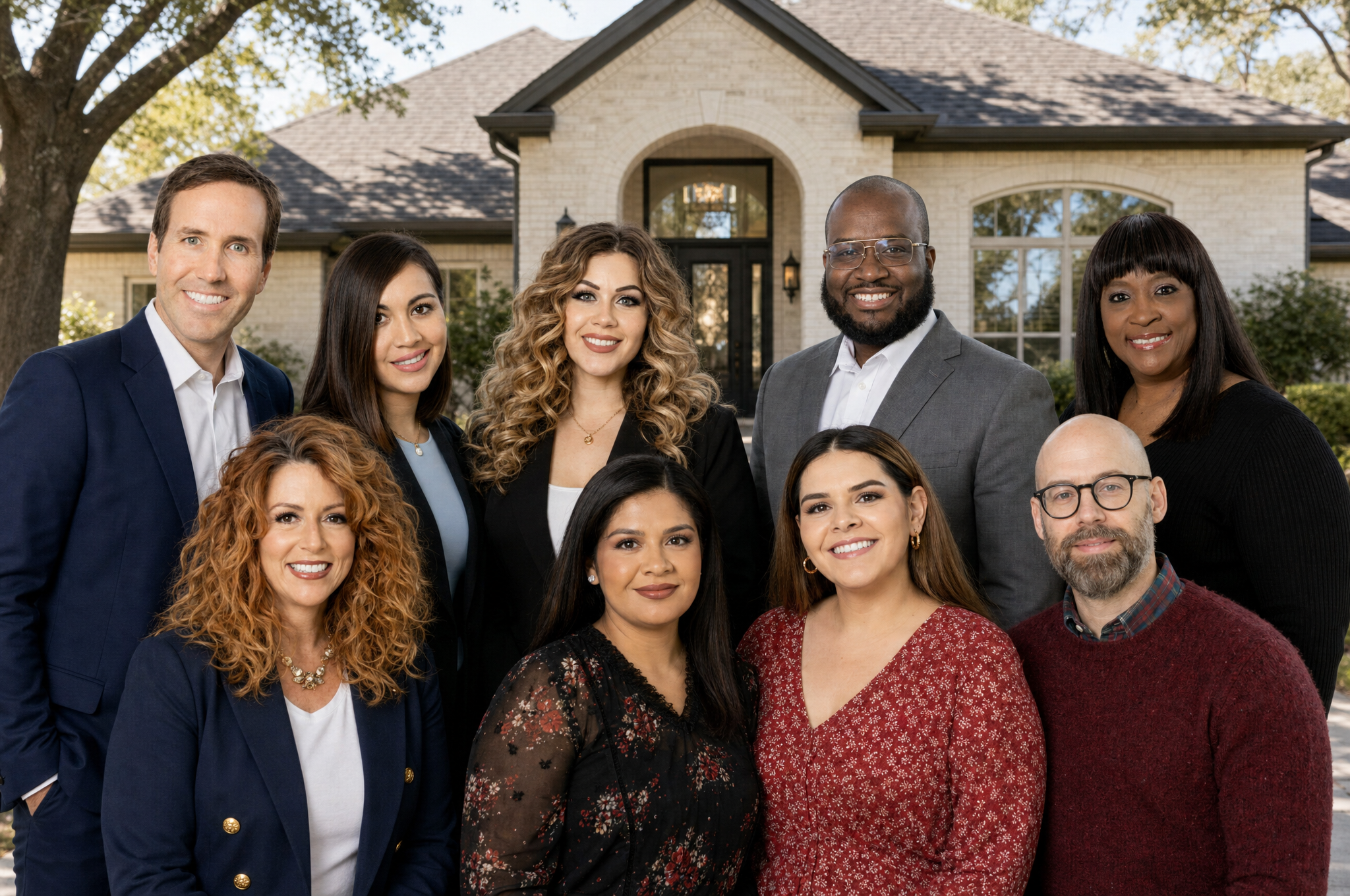 Blue Crown team together in front of a North Texas home